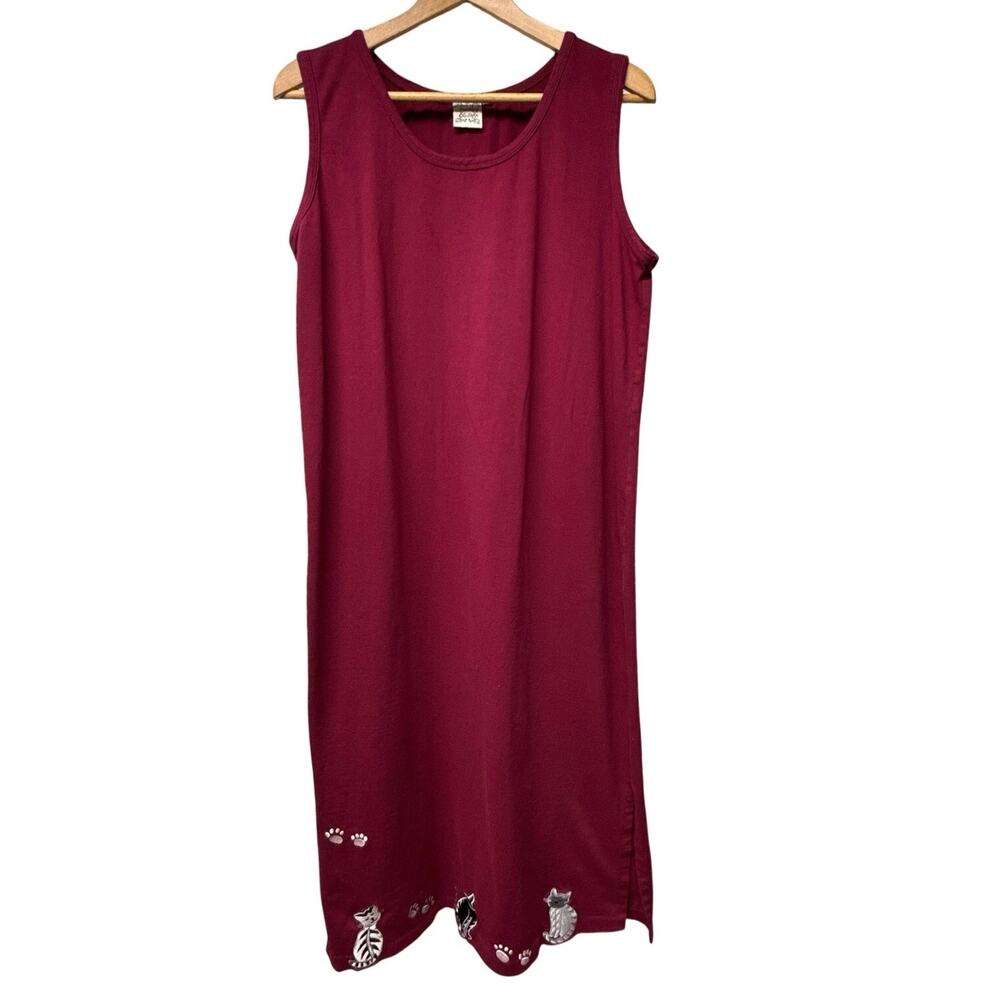 Parsley & Sage XL Sleeveless Tank Dress Burgundy Embroidered Cat Hem Whimsical